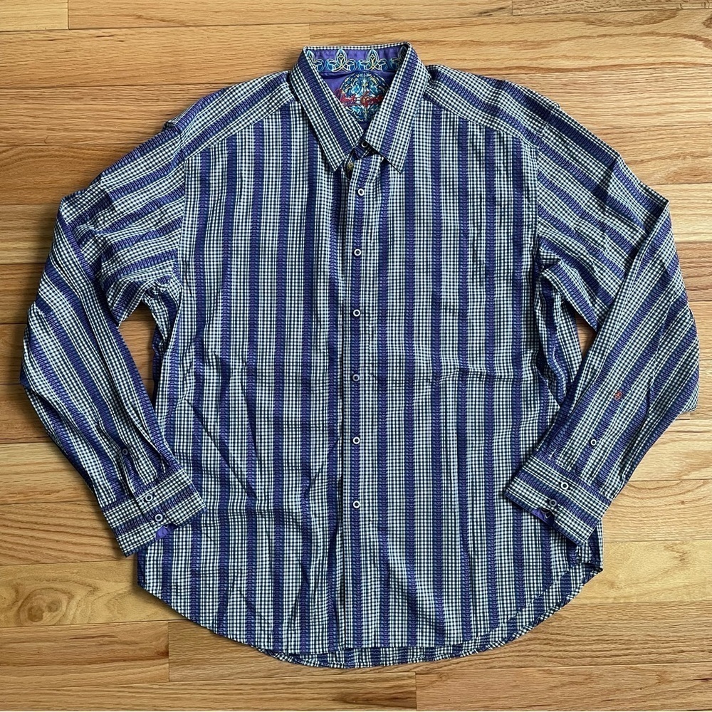 Robert Graham Cotton Multicolor Purple Striped Button Down Shirt EUC Size 2XL